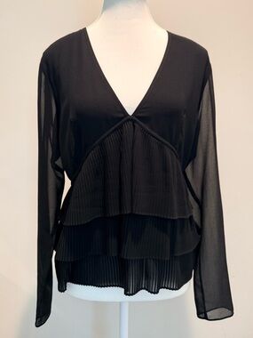 The Kooples Black Sheer Pleated Blouse Lightweight Chiffon Size Large NWT